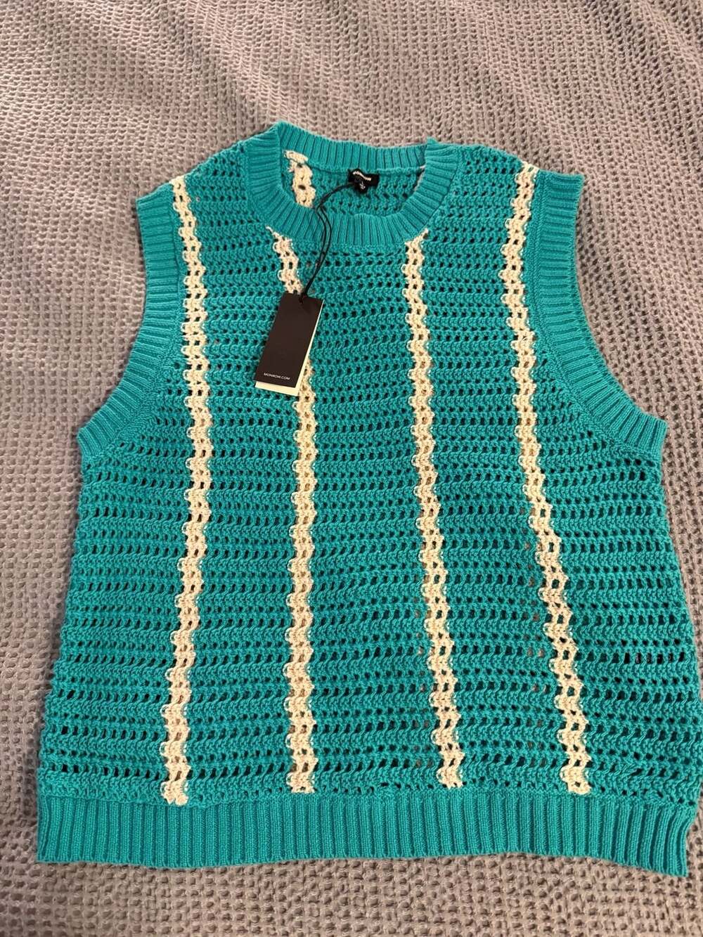 Monrow Striped Sweater Vest Size L Turquoise Crochet